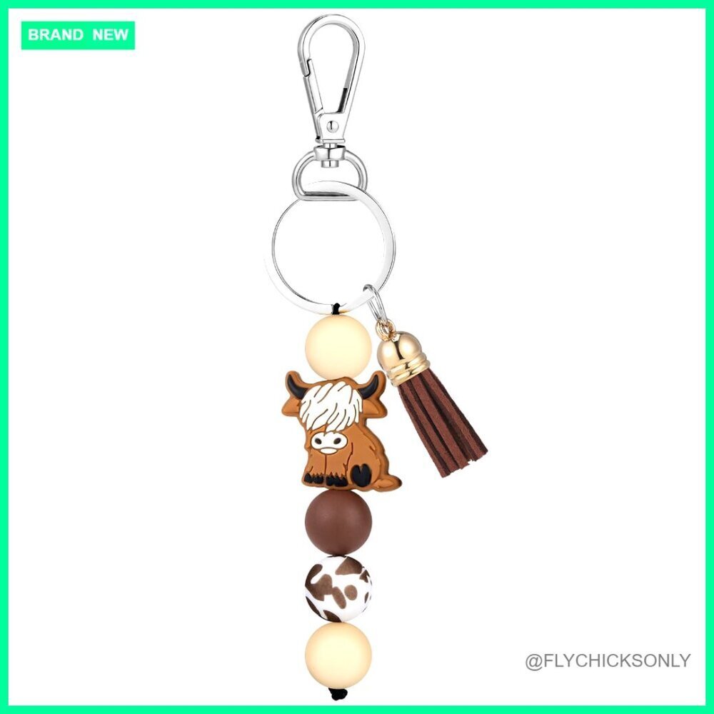 Highland Cow Keychain with Tassel, Silicone Beads & Leather Fringe
